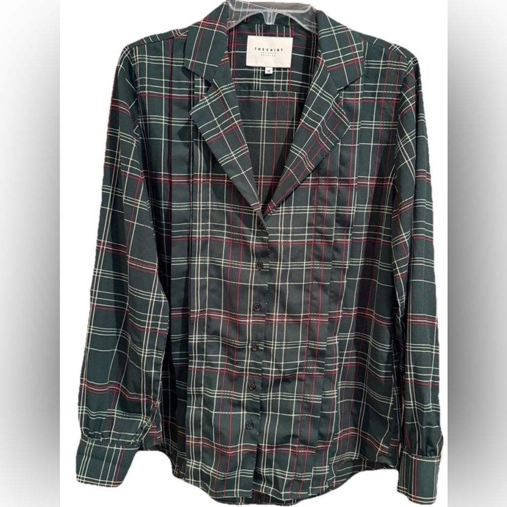 THE‎ SHIRT By Rochelle Berhens Green Tartan Plaid Button-Up Shirt Size M